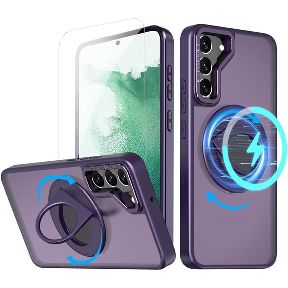 for Samsung Galaxy S22 5G Phone Case with Tempered Glass Screen Protector Mag-Safe Wireless Charging 360° Rotatable Invisible Kickstand Bumpers Shockproof Protective Cover for Women Purple