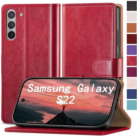 for Samsung Galaxy S22 5G Phone case,[RFID Blocking Leather] Flip Folio Book Shockproof Protector,Holder Stand Cases for Samsung S22,Women Men for S22 Wallet Cover,Red