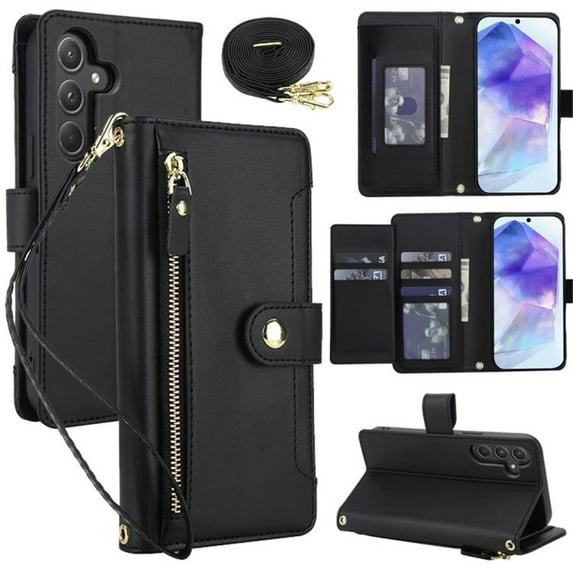 For Samsung Galaxy S22+ 5G RFID Blocking Protective Purse Wallet Case For Women Men Multi-Card Slots Zipper Pocket Detachable Shoulder Strap And Wrist Strap,Shockproof Phone Case,Black