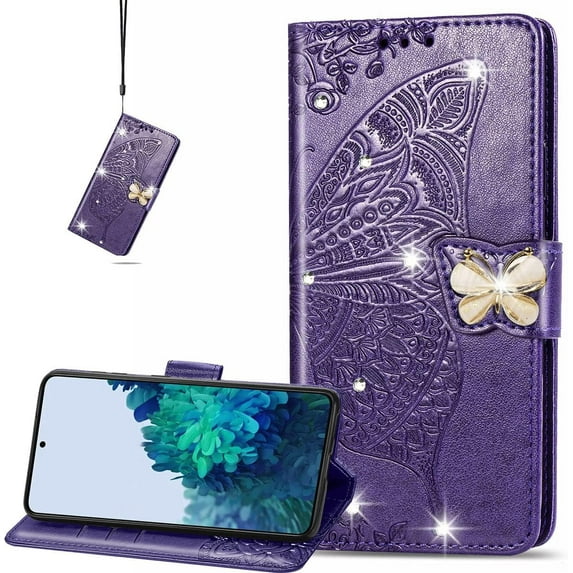 for Samsung Galaxy S22 5G Wallet Case, 3D Butterfly Flower PU Leather with Credit Card Slots Holder Magnetic Closure Folio Phone Cover for Samsung Galaxy S22 Rhinestone Deep Purple