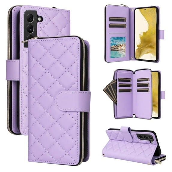 For Samsung Galaxy S22+ 5G Wallet Case Magnetic Flip Cover 9-Card Slots Zipper Pocket With Detachable Shoulder Strap And Wrist Strap,Purple,For Galaxy S22+ (5G)