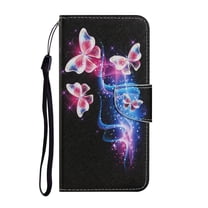 for Samsung Galaxy S22 6.1" 2022 Flip Wallet Case, PU Leather Case with Card Slot Kickstand & Wrist Strap Shockproof Protective Case for Samsung S22 Ladies Women, Fluorescent Butterfly