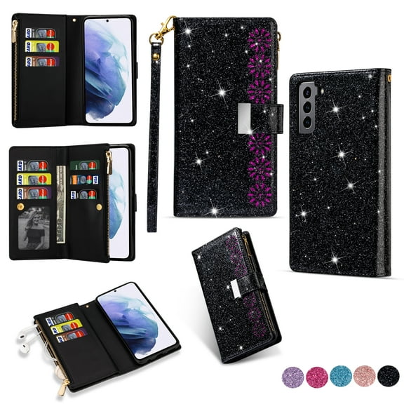 Samsung Galaxy S22 6.1" 5G 2022 Case Magnetic [Zipper Wallet] Purse Clutch Cover with Stand [Wrist Strap & 9 Card Slots Holder] Bling Sparkle Glitter Folio PU Leather TPU Case, Black