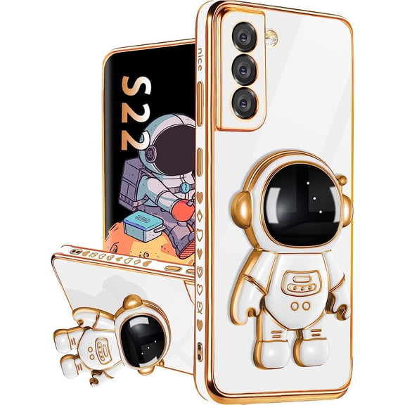 For Samsung Galaxy S22 Case with Astronaut Stand, Women Girls Galaxy S22 Cases, Girly Cute 6D Outer Space Heart Pattern Phone Cover for S22 6.1 Inch White