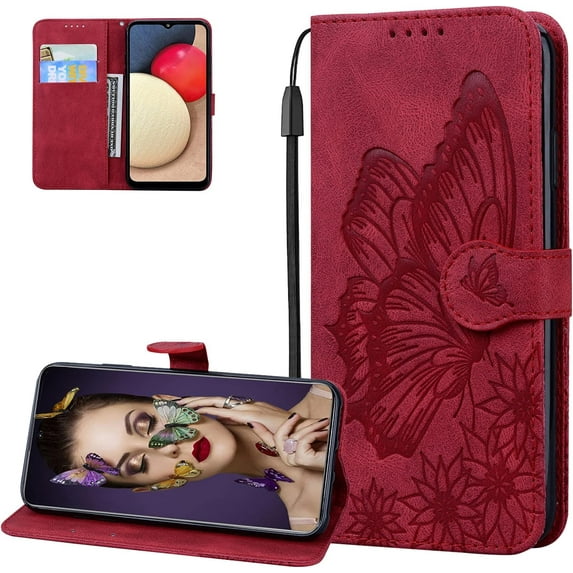 for Samsung Galaxy S22 Case Butterfly for Women Girls,Vintage Butterflies PU Leather with ID Credit Card Wallet Case Case for Samsung Galaxy S22 Retro Red