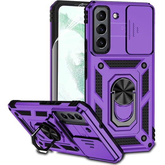 for Samsung Galaxy S22 Case with Camera Lens Cover HD Screen Protector, Dual Layer -Grade Drop Tested Ring Holder Kickstand Protective Phone Case for Samsung Galaxy S22 5G (Purple)