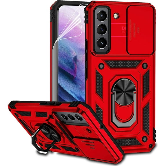 for Samsung Galaxy S22 Case with Camera Lens Cover HD Screen Protector, Dual Layer Military-Grade Drop Tested Magnetic Ring Holder Kickstand Protective Phone Case for Samsung Galaxy S22 5G (Red)