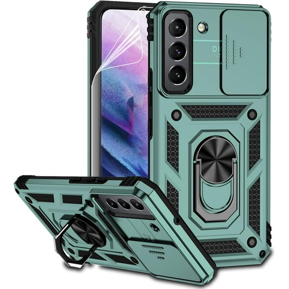 for Samsung Galaxy S22 Case with Camera Lens Cover Screen Protector, Dual Layer -Grade Drop Tested Ring Holder Kickstand Protective Phone Case for Samsung Galaxy S22 5G (Dark Green)