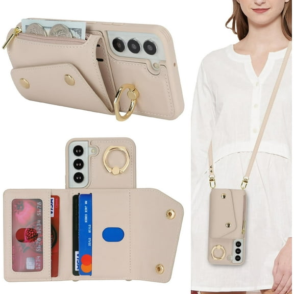 for Samsung Galaxy S22 Case with Card Holder and Strap - Zipper Pocket,Crossbody Lanyard Strap,Credit Card Holder,Stand Ring,Cute Phone Wallet Case for Women(Beige,6.1 Inch)