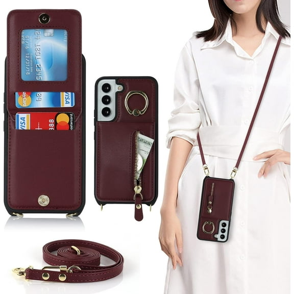 Samsung Galaxy S22 Case with Card Holder for Women, Galaxy S22 Phone Case Wallet with Strap Credit Card Slots Crossbody with Kickstand Zipper Shockproof Case for S22 - Red Wine