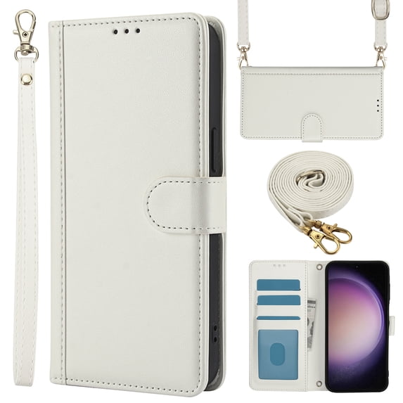 for Samsung Galaxy S22 Case with Card Slots and Shoulder Strap, Crossbody Lanyard Purse Cover Flip Stand Premium PU Leather Folio Phone Wallet Case for Galaxy S22 Women Girls, White