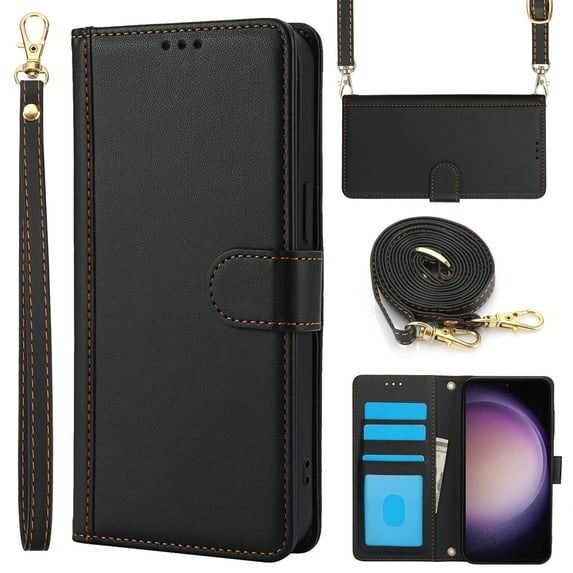 for Samsung Galaxy S22 Case with Card Slots and Shoulder Strap, Crossbody Lanyard Purse Cover Flip Stand Premium PU Leather Folio Phone Wallet Case for Galaxy S22 Women Girls, Black