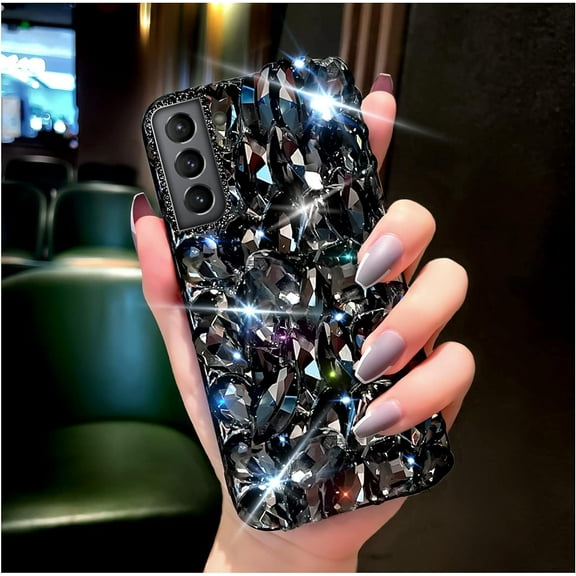 Samsung Galaxy S22 Case Diamond Case for Women 3D Glitter Sparkle Bling Case Luxury Shiny Crystal Diamond Bumper Clear Gems Cute Protective Girly Case Girls Cover(Black)