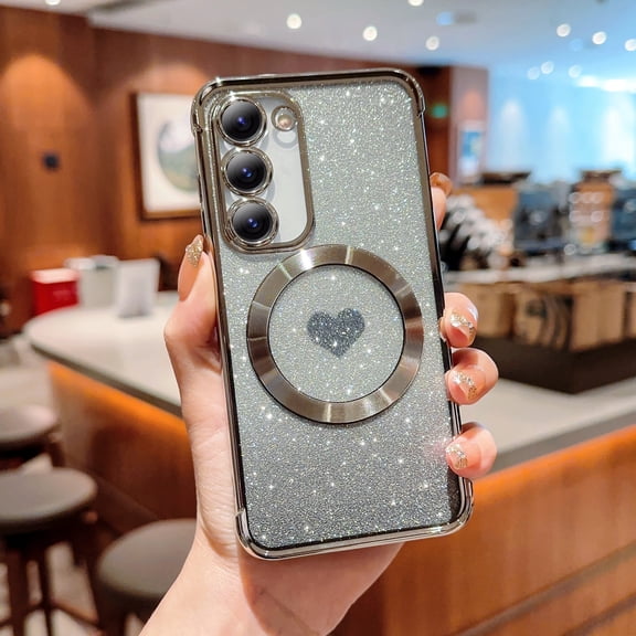 for Samsung Galaxy S22 Case Glitter, Clear Magnetic Case with Luxury Love Heart Pattern [Compatible with MagSafe] Bling Sparkle Plating Soft TPU Slim Shockproof Cover Women Girls, Silver