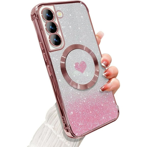 for Samsung Galaxy S22 Case Magnetic,for Women Girl Soft Luxury Plating Bling Gradient Glitter Cute Heart Compatible with MagSafe,with Camera Lens Protection Clear Phone Cover 6.1”-Pink