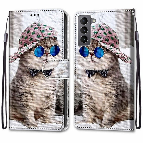 For Samsung Galaxy S22 Case, Mantto Magnetic PU Leather Phone Case With Hand Rope Strap Cute Pattern Painted Flip Credit/ ID Card Wallet Slots Stand, Hat&Cat