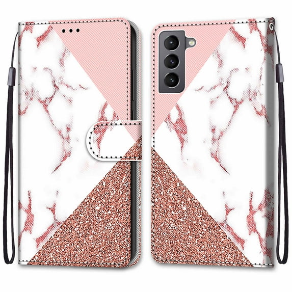 For Samsung Galaxy S22 Case, Mantto Magnetic PU Leather Phone Case With Hand Rope Strap Cute Pattern Painted Flip Credit/ ID Card Wallet Slots Stand, Marble Pattern