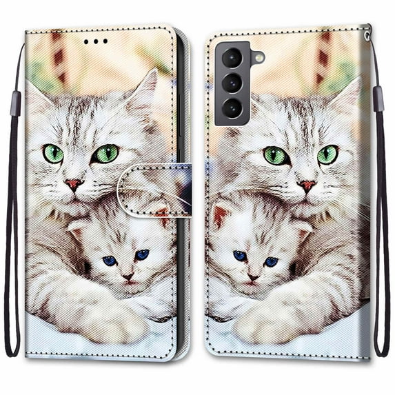 For Samsung Galaxy S22 Case, Mantto Magnetic PU Leather Phone Case With Hand Rope Strap Cute Pattern Painted Flip Credit/ ID Card Wallet Slots Stand, Parent-child cat