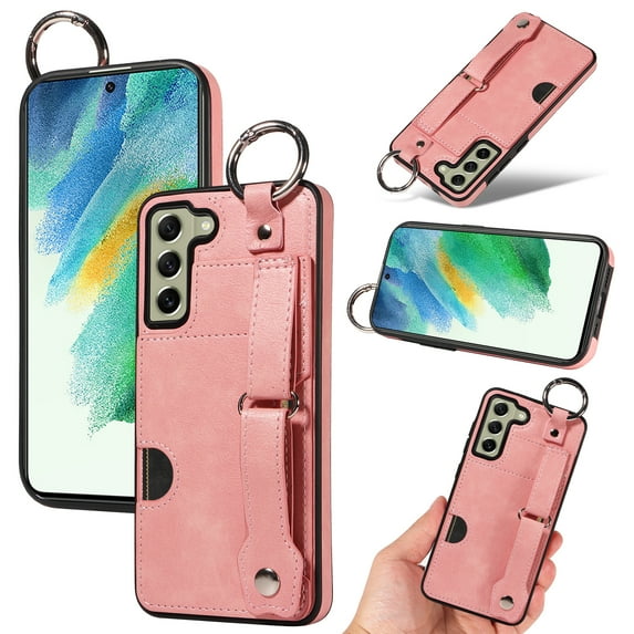 for Samsung Galaxy S22 Case, PU Leather Wallet Case Back with Card Slot Magnetic Clasp Kickstand Hand Strap Protective Cover Finger Ring Buckle for Samsung Galaxy S22, Pink