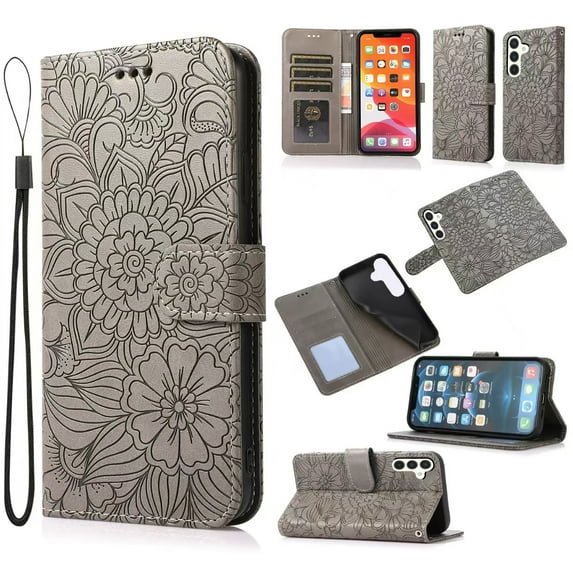 For Samsung Galaxy S22 Case, Premium Leather Magnetic Closure Flip Wallet Case with Card Holder Cash Slot Stand Function Embossed Flower Pattern Slim Shockproof Lanyard/Strap Cover,Gray