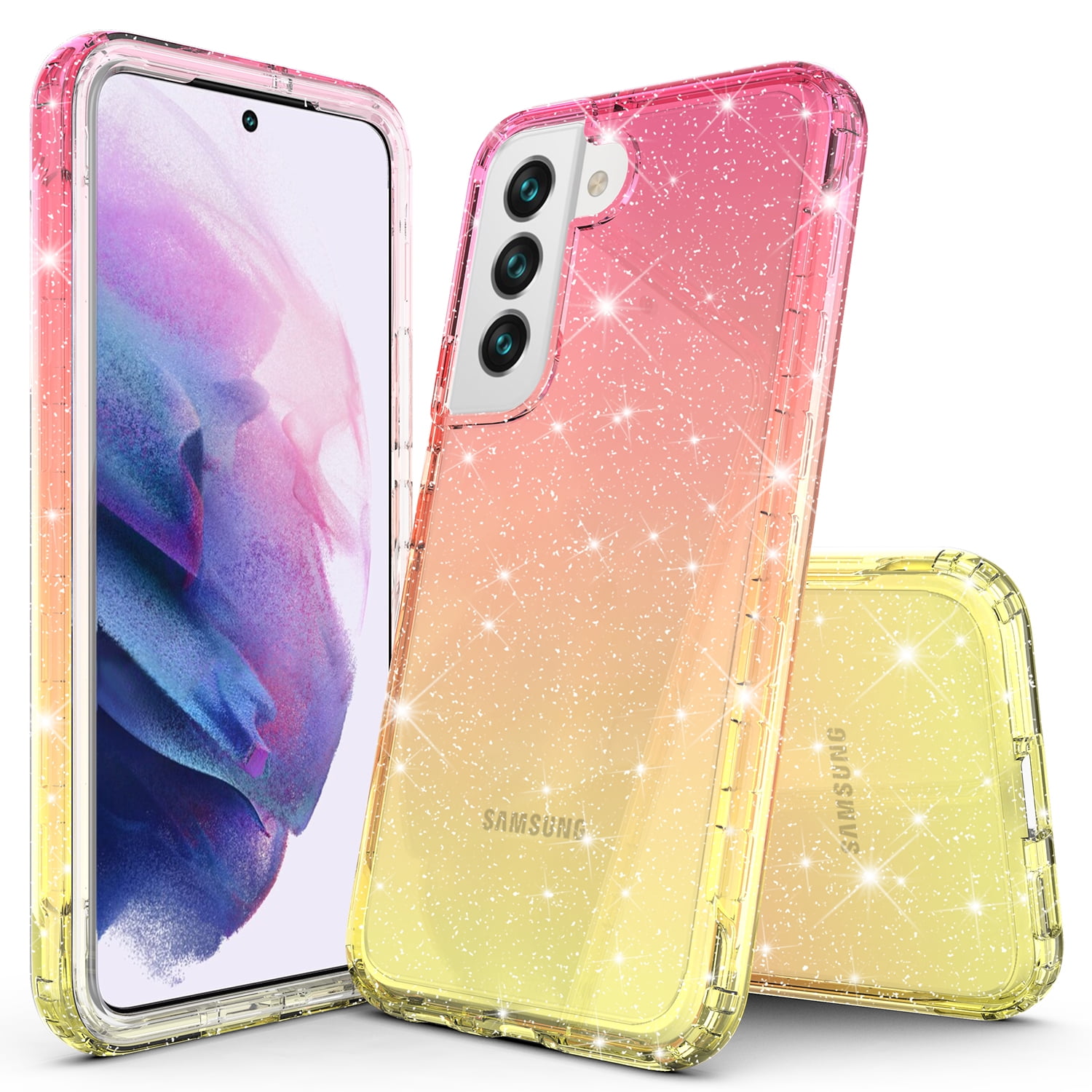 Samsung Galaxy S22 Case, Rosebono Hybrid Glitter Sparkle Transparent Colorful Gradient TPU Cover Case For Samsung Galaxy S22 (Gold/Pink)