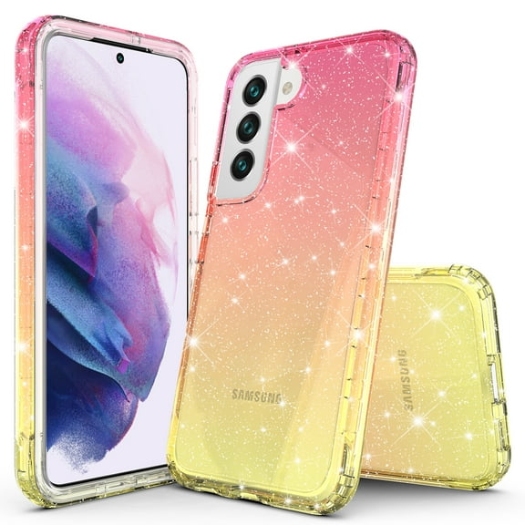 Samsung Galaxy S22 Case, Rosebono Hybrid Glitter Sparkle Transparent Colorful Gradient TPU Cover Case For Samsung Galaxy S22 (Gold/Pink)