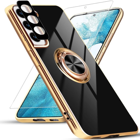 for Samsung Galaxy S22 Case with Screen Protector & Camera Lens Protector, Built-in 360° Rotation Ring Magnetic Stand, Luxury Shiny Plating Edge Shockproof Protective Cover (Black/Golden)