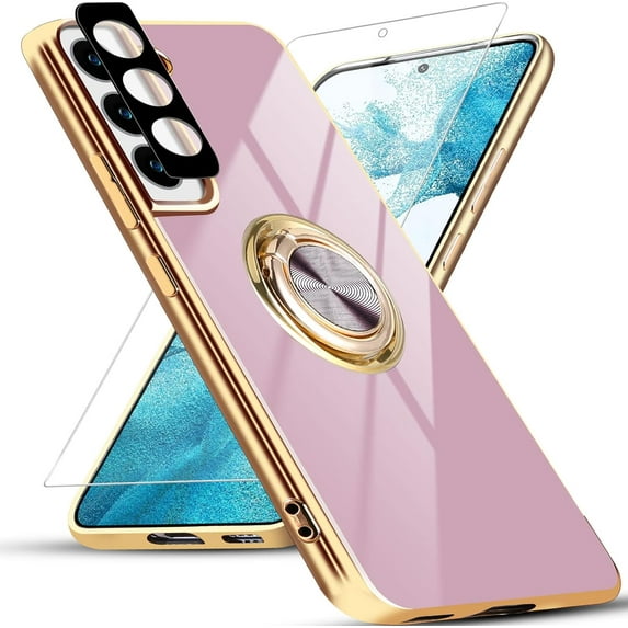 for Samsung Galaxy S22 Case with Screen Protector & Camera Lens Protector, Built-in 360° Rotation Ring Magnetic Stand, Luxury Shiny Plating Edge Shockproof Protective Cover (Purple/Golden)