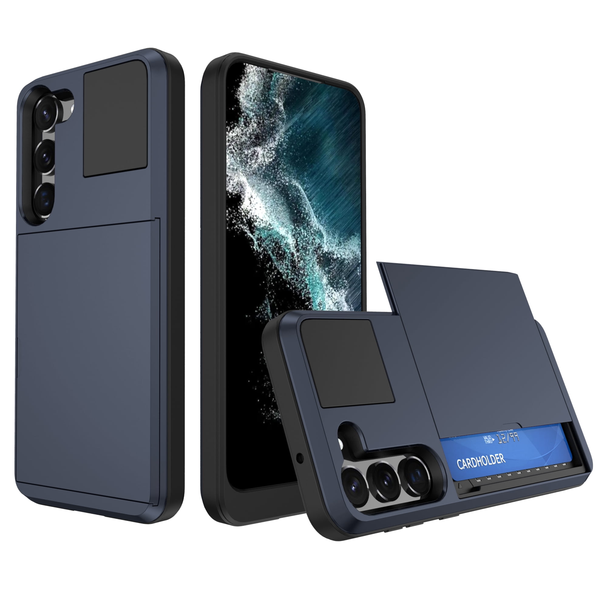 for Samsung Galaxy S22 Case Wallet Credit Card Holder ID Slot Sliding Door Hidden Pocket Men Women Anti-Scratch Dual Layer Hybrid Bumper Armor Protective Shell Back Cover,Darkblue