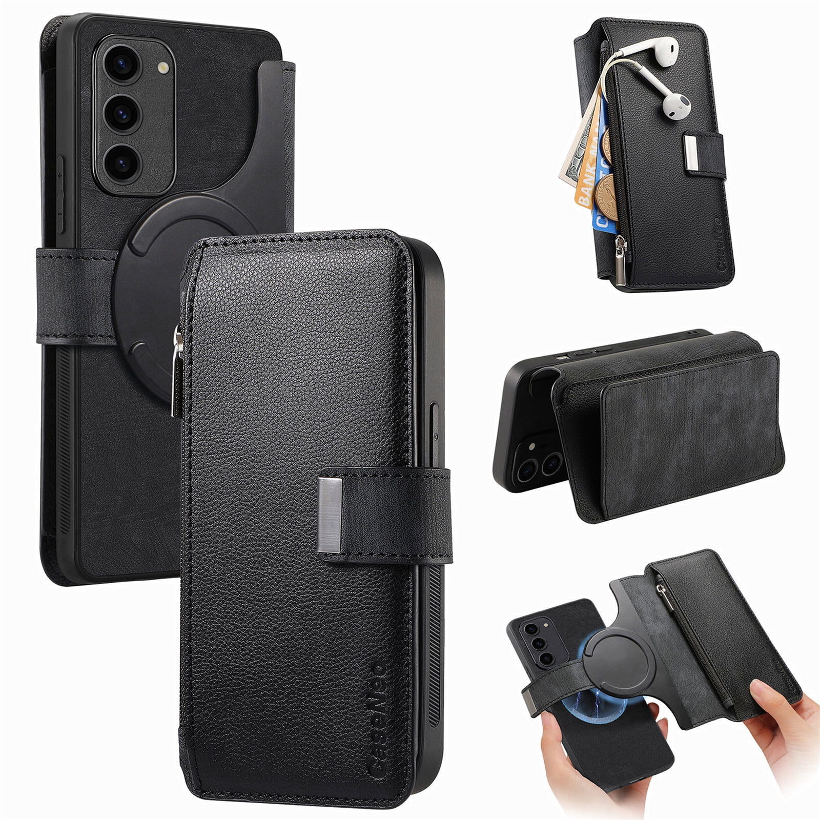 for Samsung Galaxy S22 Case Wallet, Detachable Magnetic 2-in-1 Wallet Flip Case for Women Men with RFID Blocking Card Slots Zipper Pocket Kickstand PU Leather Cover for Galaxy S22, Black