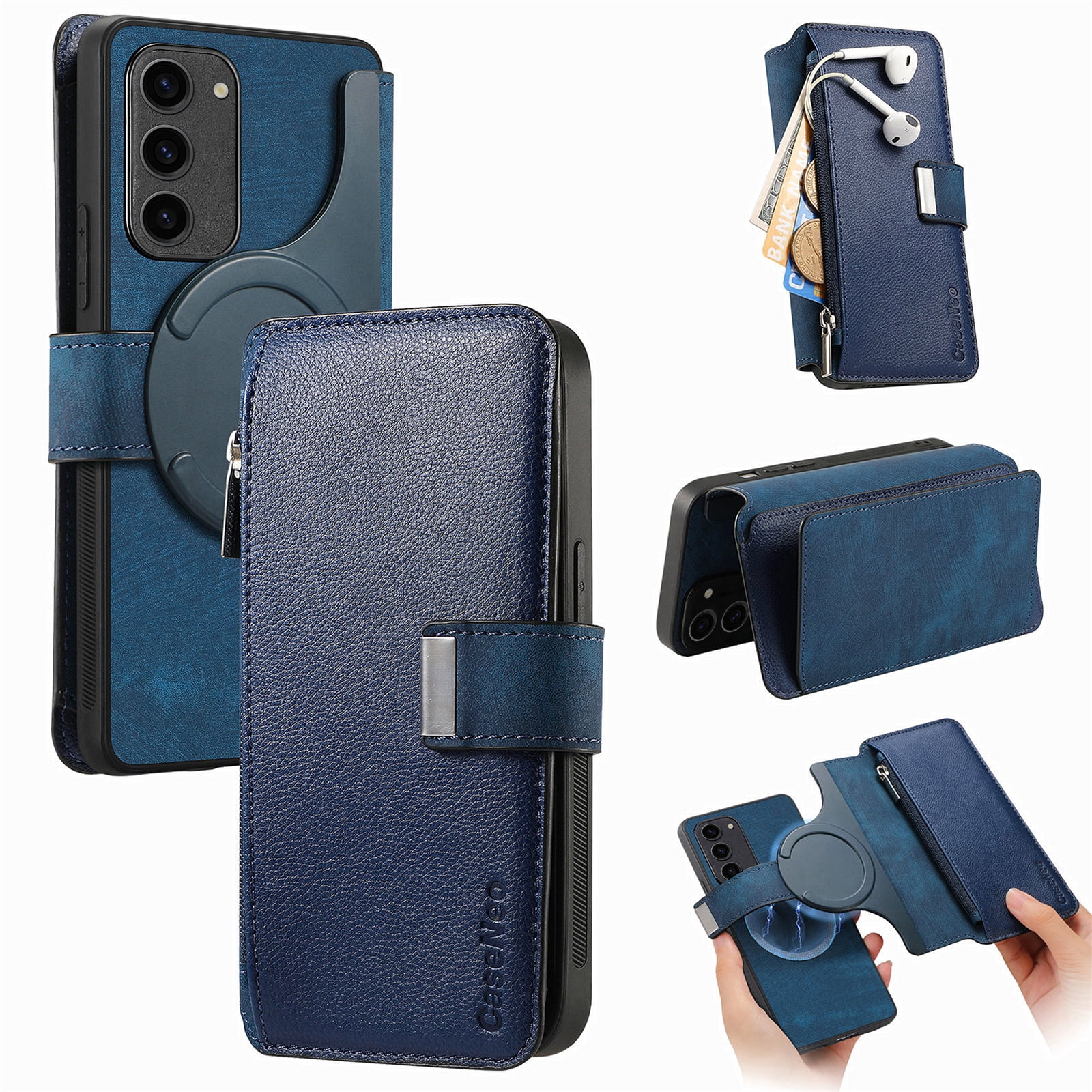 for Samsung Galaxy S22 Case Wallet, Detachable Magnetic 2-in-1 Wallet Flip Case for Women Men with RFID Blocking Card Slots Zipper Pocket Kickstand PU Leather Cover for Galaxy S22, Blue