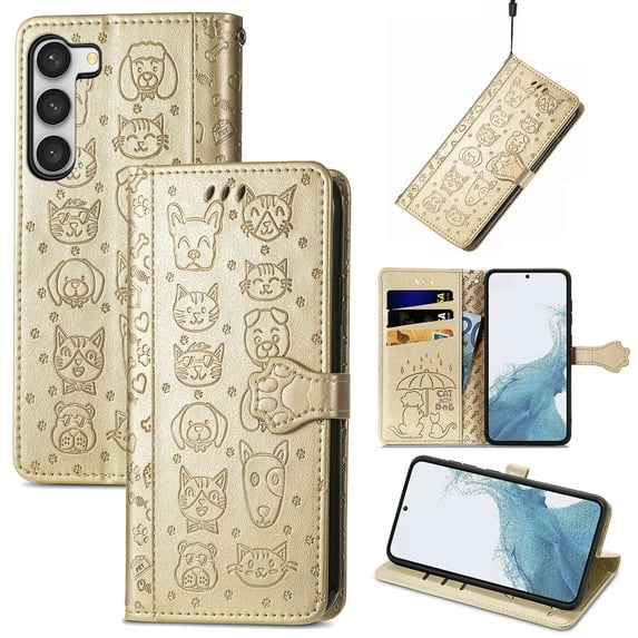 for Samsung Galaxy S22 Case Wallet,Magnetic Closure PU Leather Cute Embossed with Wrist Strap, RFID Blocking Card Slots Pocket Flip Kickstand Protective Phone Case Cover,Gold