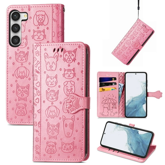 for Samsung Galaxy S22 Case Wallet,Magnetic Closure PU Leather Cute Embossed with Wrist Strap, RFID Blocking Card Slots Pocket Flip Kickstand Protective Phone Case Cover,Pink
