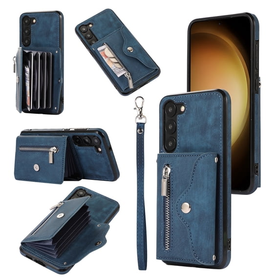 for Samsung Galaxy S22 Case Wallet for Men Women, Removable Adjustable Shoulder Strap & Lanyard Flip PU Leather Slim Back Zipper Purse Magnetic Clasp Case with Card Slot Holder Stand - Blue