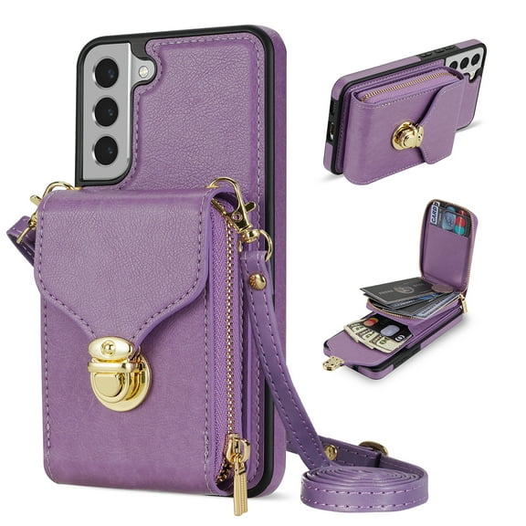 for Samsung Galaxy S22 Case Wallet with Shoulder Strap for Women - Crossbody Lanyard,Zipper Pocket,Credit Card Holder,Shockproof - Metal Buckle Closure Premium PU Leather Case, Purple