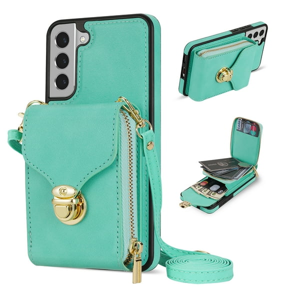 for Samsung Galaxy S22 Case Wallet with Shoulder Strap for Women - Crossbody Lanyard,Zipper Pocket,Credit Card Holder,Shockproof - Metal Buckle Closure Premium PU Leather Case, Mint