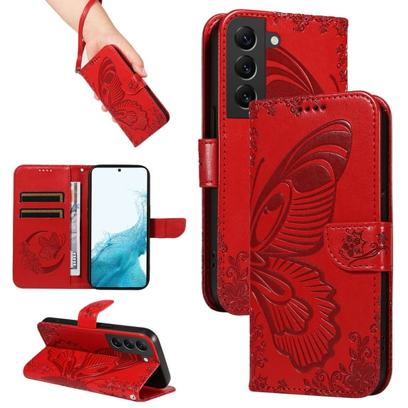 for Samsung Galaxy S22 Case Wallet for Women, Flip Folio Cover with Butterfly Pattern PU Leather Stand Card Holder Slots Wrist Strap Protective Phone Case for Samsung Galaxy S22, Red
