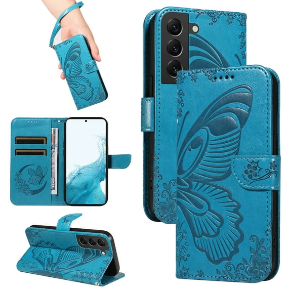for Samsung Galaxy S22 Case Wallet for Women, Flip Folio Cover with Butterfly Pattern PU Leather Stand Card Holder Slots Wrist Strap Protective Phone Case for Samsung Galaxy S22, Blue