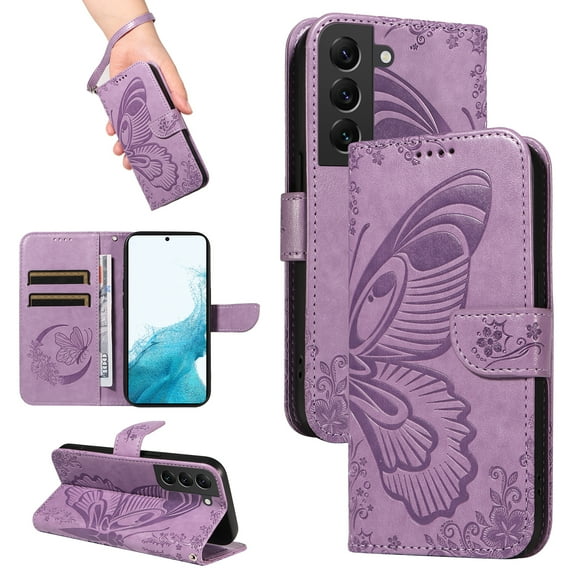 for Samsung Galaxy S22 Case Wallet for Women, Flip Folio Cover with Butterfly Pattern PU Leather Stand Card Holder Slots Wrist Strap Protective Phone Case for Samsung Galaxy S22, Purple