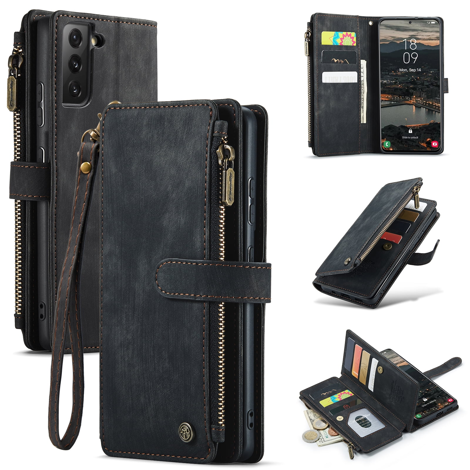 for Samsung Galaxy S22 Case Wallet for Women and Men, Samsung Galaxy S22 Case, PU Leather Magnetic Flip Strap Wristlet Zipper Card Holder Wallet Business Phone Cover for S22, Black