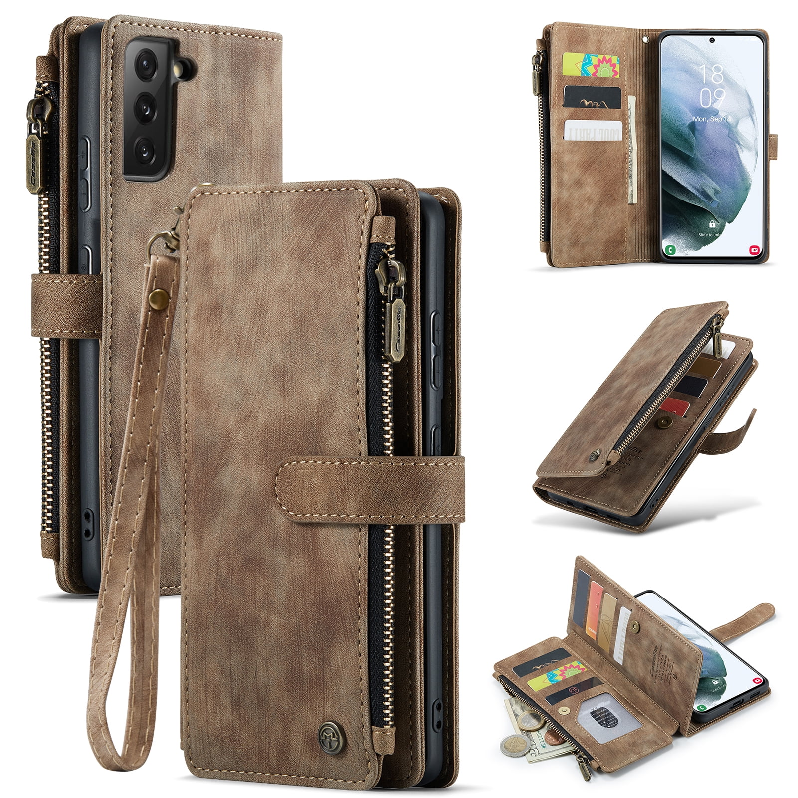 for Samsung Galaxy S22 Case Wallet for Women and Men, Samsung Galaxy S22 Case, PU Leather Magnetic Flip Strap Wristlet Zipper Card Holder Wallet Business Phone Cover for S22, Brown