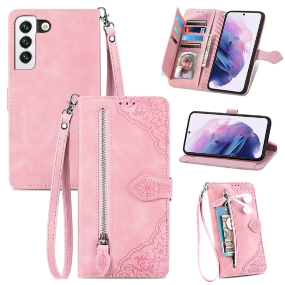 for Samsung Galaxy S22 Case for Women,Cute Wallet Case with Zipper Pocket Purse Flower Embossed PU Leather Card Slots Wrist Strap Flip Folio Protective Phone Cover for S22, Pink