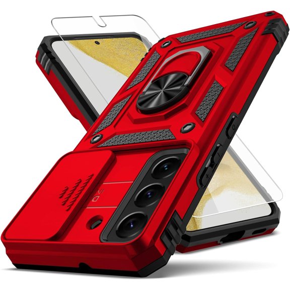 for Samsung Galaxy S22 Case,with Camera Lens Cover HD Screen Protector,[Military Grade] Ring Car Mount Kickstand Hybrid Hard PC Soft TPU Shockproof Protective Case for Galaxy S22-Red