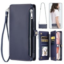 For Samsung Galaxy S22 Crossbody/Shoulder Strap Case Wallet Card Holder RFID Blocking Magnetic Closure PU Leather Flip with Wrist Strap Zipper Credit Card Slots Shockproof Cover, Darkblue