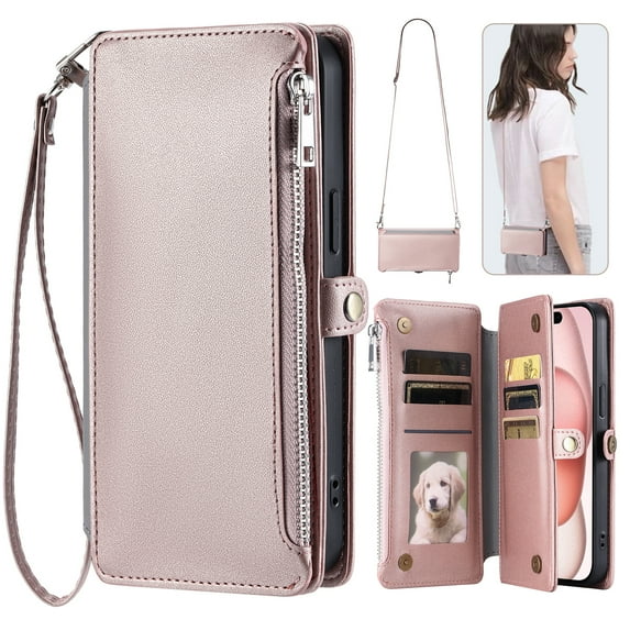 For Samsung Galaxy S22 Crossbody/Shoulder Strap Case Wallet Card Holder RFID Blocking Magnetic Closure PU Leather Flip with Wrist Strap Zipper Credit Card Slots Shockproof Cover, Rosegold