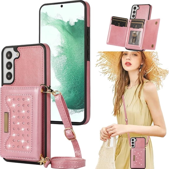 for Samsung Galaxy S22 Crossbody Wallet Case for Women, Bling Glitter PU Leather Phone Case with RFID Blocking Card Holder Cover for Samsung Galaxy S22 SZ Rose Gold