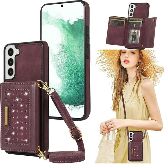 for Samsung Galaxy S22 Crossbody Wallet Case for Women, Bling Glitter PU Leather Phone Case with RFID Blocking Card Holder Cover for Samsung Galaxy S22 SZ Red