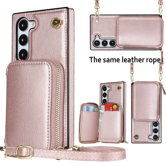 Samsung Galaxy S22 Crossbody Wallet Case, Zipper Pocket Phone Case Cross Body Strap with RFID Blocking Carring Bag Credit Card Premium Leather Kickstand For Samsung Galaxy S22, Rosegold