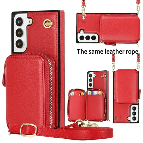 Samsung Galaxy S22 Crossbody Wallet Case, Zipper Pocket Phone Case Cross Body Strap with RFID Blocking Carring Bag Credit Card Premium Leather For Samsung Galaxy S22, Red