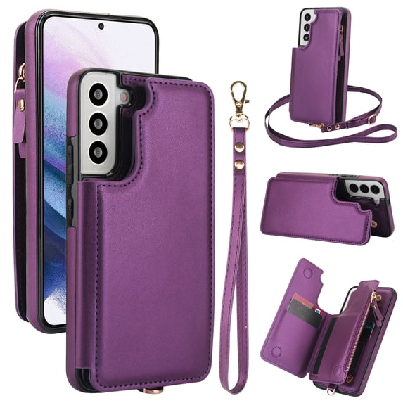 for Samsung Galaxy S22 Crossbody Wallet Phone Case with Card Holder&Zipper, Back Flip Folio PU Leather Kickstand Card Slots Double Magnetic Clasp Shockproof Case for Women Girls,Darkpurple